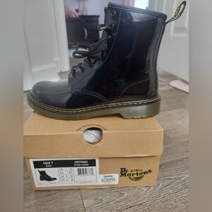 Dr. Martens Black Patent Leather Lace-Up Boot with Yellow Stitching